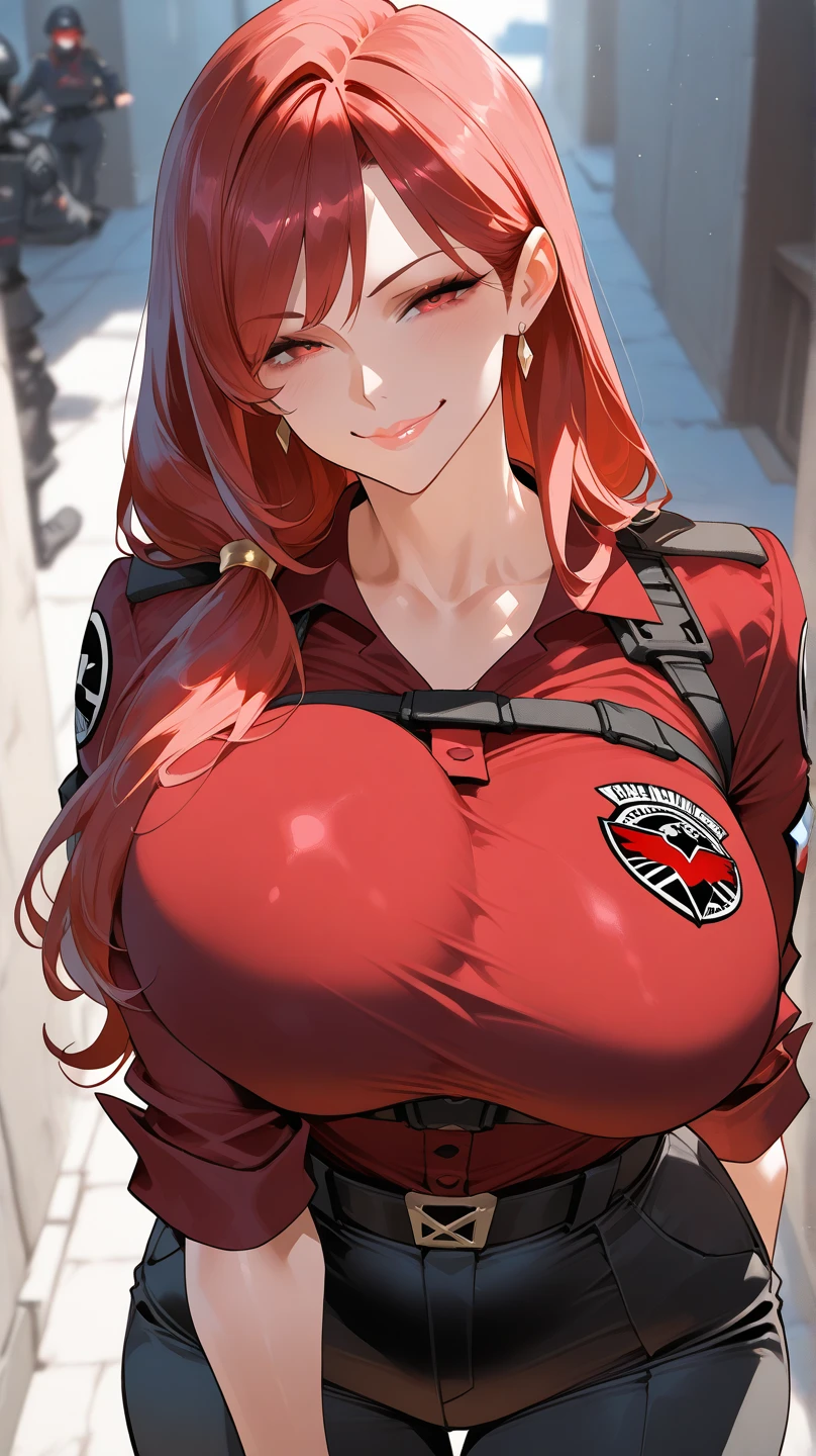 (Yabby:1.2), (Masterpiece, Best Quality, Highres:1.4), Detailed, Intricate Details, 4K,
1Girl, (Solo:1.4), Standing,
(Red Hair:1.2), Long Hair, (High Ponytail:1.2), Hair Ornament,
Red Eyes, Looking at VIewer,
Smile, Grin,
Black Jacket, Black Shorts, Short Shorts,
Cleavage, Huge Breasts,
Indoors, Furniture, Hallway,
<lora:Yabby:1>