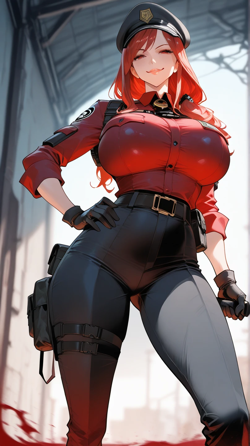 ((super high quality,))((Ultra-high resolution,))(16K,)(super masterpiece,)((Ultra HD ,))(Detailed shading,)Full body photo,A sexy mature woman,((popped Tight collar Red shirts,))Folded sleeves,Black long gloves,Glossy black pants,Black long boots,Black hair straight short,Sharp Eyes,Cleavage,Place one hand on hip,Provocative smile,necklace with cross,