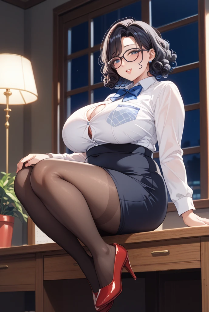 masterpiece, best quality, high definition images, atmospheric perspective, expressive eyes, perfect face, ultra detailed, solo, 1mature seductive woman lying down in a carelessly sprawled on desk, alluring pose, black short bob hair, simple glasses, business suit, vest, blouse, large breasts, pencil skirt, tight mini skirt, spread legs, panties, curvy, thighs, pantyhose, high heals, calm smile, in office,