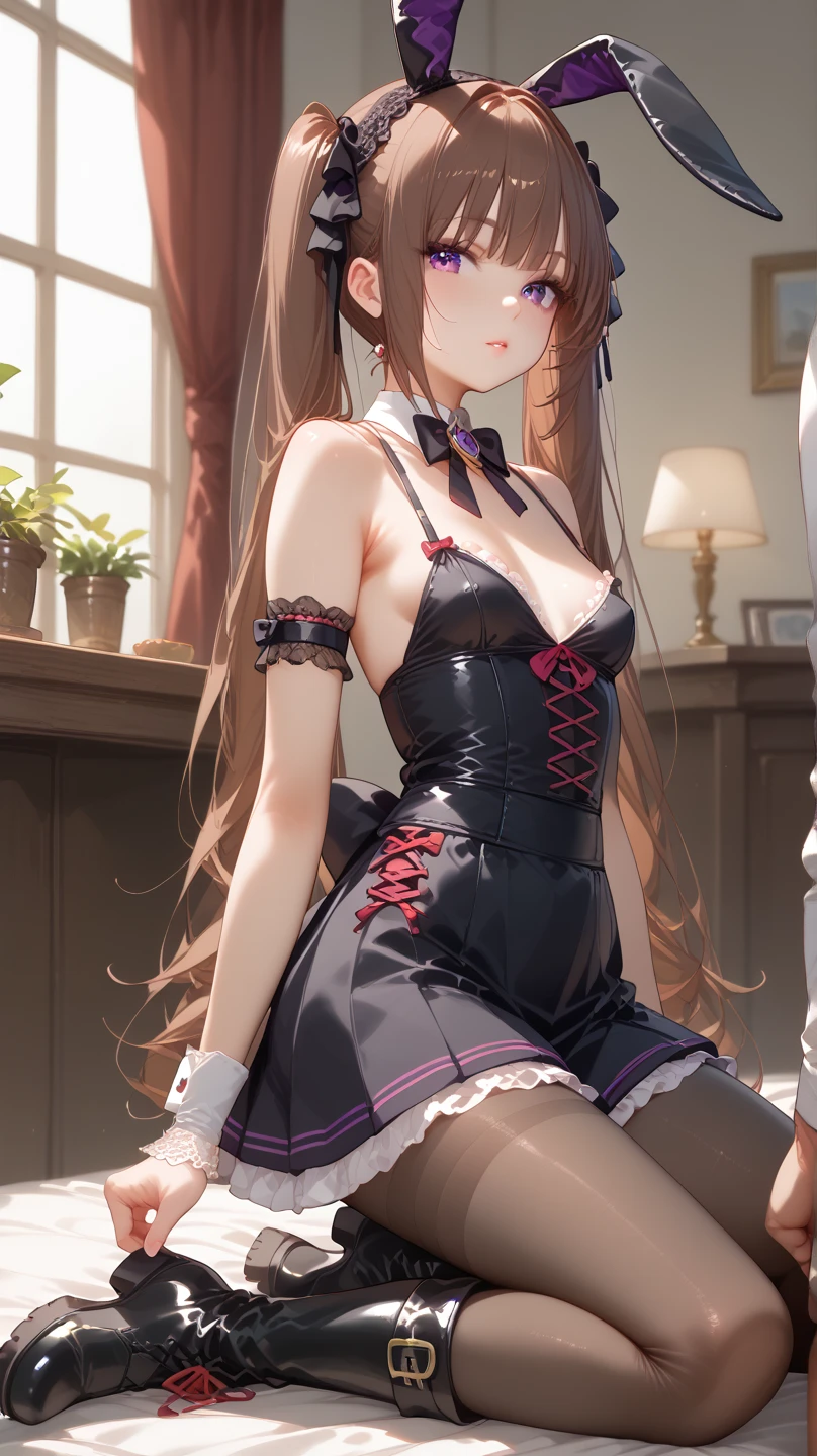 ((一人のWoman in underwearはセクシーに歩いている:1.5)), Beautiful Anime Women, Beautiful art style, Anime characters, ((Smooth texture, Realistic texture, Anime CG Style)), ((Highest quality)), (Very detailed), (Very detailed CG 統合 8k 壁紙), Very detailed, High-resolution RAW color photos, Professional photography, (Brown Hair, Stylish hairstyle:1.1), Great face and eyes, Beautiful and big breasts, Slender body, (Stunningly beautiful woman), (Detailed face:1.2), (Office corridor, There is a window in the hallway:1.4), (Many men in suits are walking in the background:1.5), ((Bow tie around neck:1.3), (Black high heels:1.1), (Sexy and cute burgundy red underwear:1.3), (Stylish shiny burgundy red satin panties, Side-tie panties, Panties with a plain Bordeaux red center and lace decoration on the sides:1.3), (Thin panties:1.3), (Bordeaux Red Micro Lace Satin Bra, Bordeaux red lace-trimmed bra, Thin bra:1.3), (lace garter belt, Garter Strings, Knee socks:1.3):1.3), (naked, Woman in underwear, 女性はブラとパンティとKnee socksとガーターベルトだけを着用:1.5), Exact number of arms, Exact number of legs, Perfect Anatomy, (Embarrassed expression, Surprised expression), Angle from the front, Exact finger count、Exact number of legs、(Exact number of arms:1.0, Exact number of hands:1.0), (Perfect hands, Perfect Anatomy)