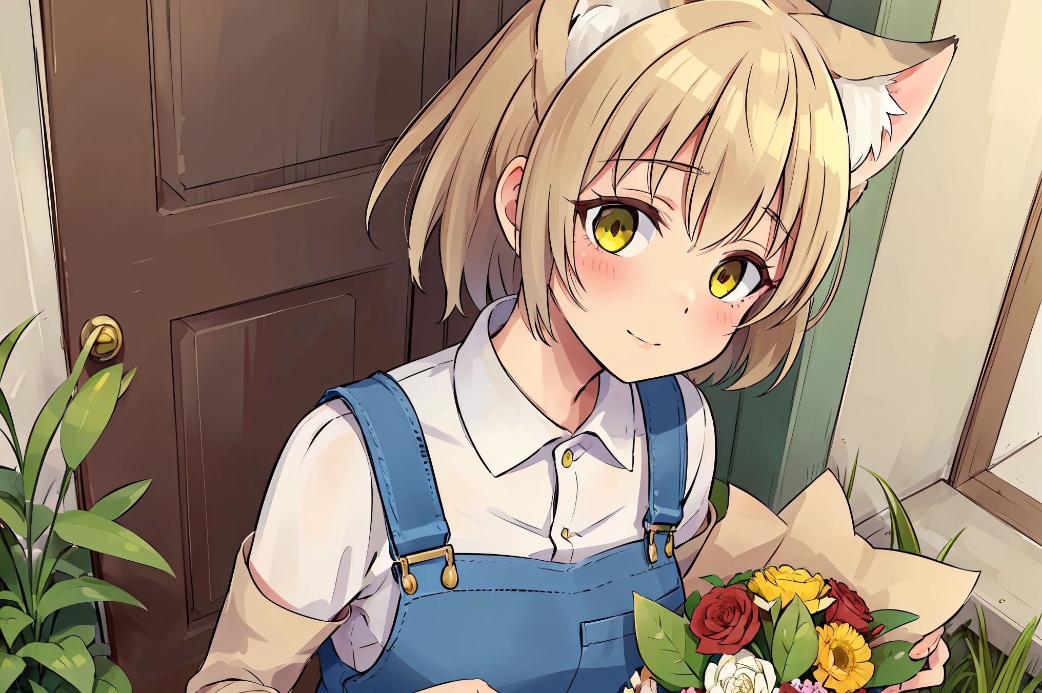 A cat has transformed into a human girl to return a favor. She stands at the front door, offering a bouquet of flowers. The girl has visible cat ears on her head, short brown hair, and wears denim overalls. The bouquet she holds contains various flowers, including green foxtail grass (Setaria, also known as "cat grass"). The scene is viewed from a slightly high angle, as if someone has just opened the door and is looking down at her. A warm, slightly magical atmosphere surrounds the scene. She looks up with a gentle, thankful expression.