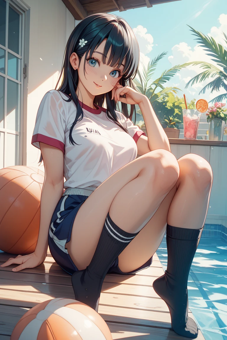 masterpiece, best quality, extremely delicate and beautiful, ultra-detailed, high-resolution, 20 years old, detailed beautiful face, tearful mole, earring, very huge round breasts, short medium hair, wavy hair, wet clothes, full body shot, alone, volleyball Jersey,