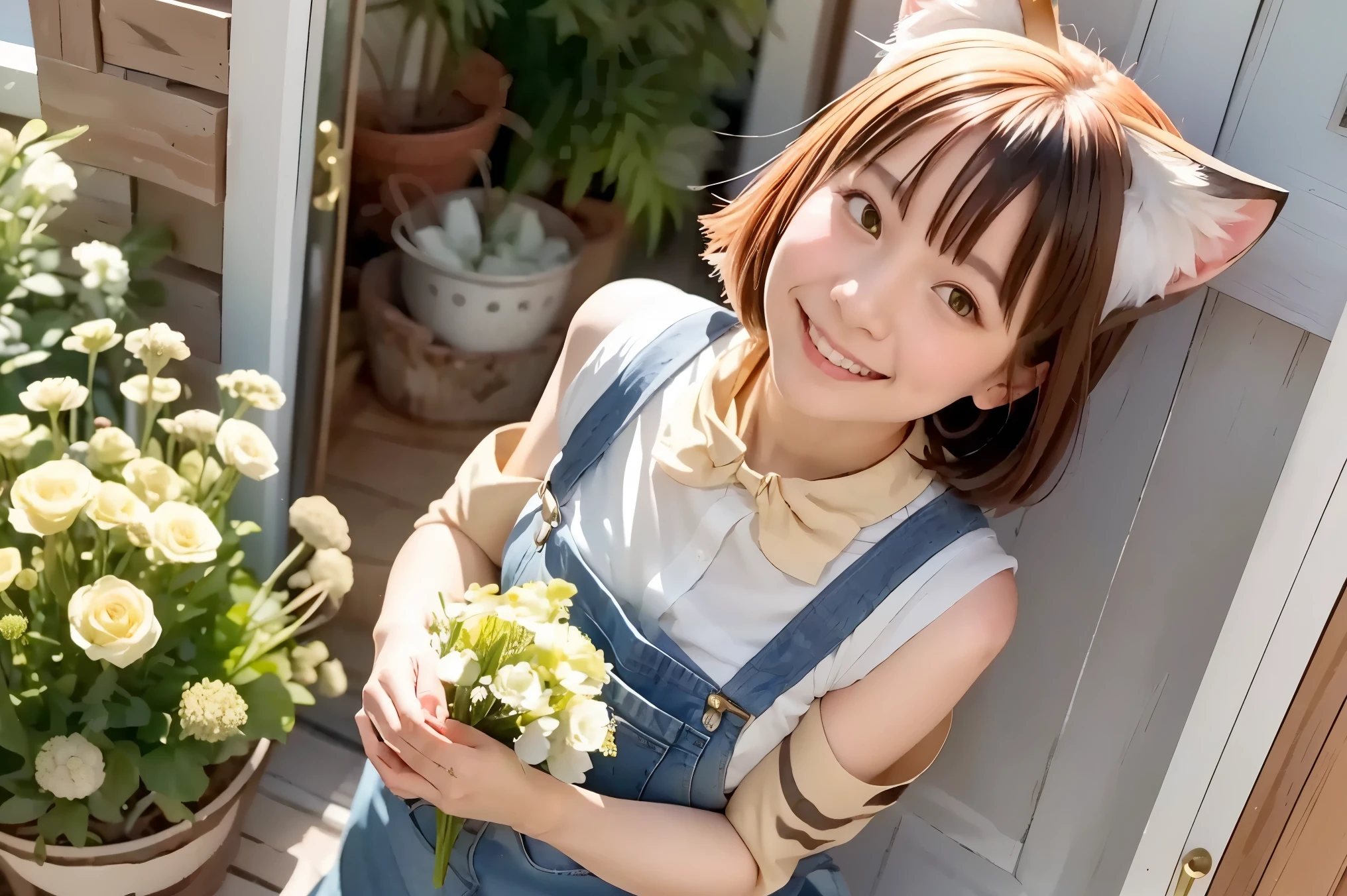 A cat has transformed into a human girl to return a favor. She stands at the front door, offering a bouquet of flowers. The girl has visible cat ears on her head, short brown hair, and wears denim overalls. The bouquet she holds contains various flowers, including green foxtail grass (Setaria, also known as "cat grass"). The scene is viewed from a slightly high angle, as if someone has just opened the door and is looking down at her. A warm, slightly magical atmosphere surrounds the scene. She looks up with a gentle, thankful expression.