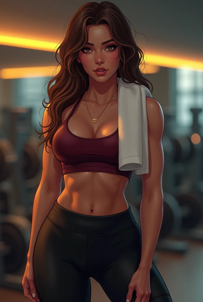 A voluptuous woman, curvy in sportswear, that reveals its attributes, her stylized and sexy curves. Looking sensually at the viewer, with her hair tied back with a thick braid. With a gym background