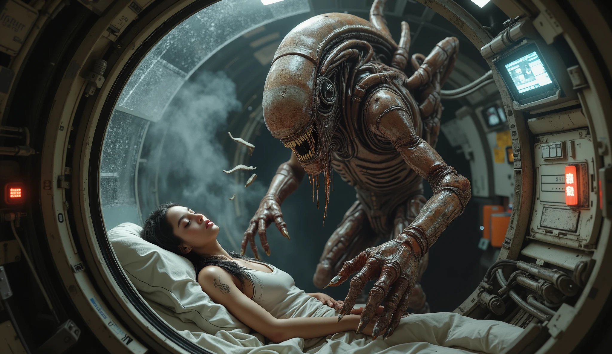 A retrofuturistic cryogenic capsule inspired by Alien: the eighth passenger , made of frosted glass and industrial metal, illuminated by cryogenic blue lights. inside , a beautiful crew member sleeps in suspended animation, out of danger. His serene face is softly illuminated, her body covered only by a minimalist cryogenic suit. In front of the capsule, a terrifying necromorphic alien creature looms in the dark. His skin is a mixture of bone, twisted flesh and biomechanical elements, dripping viscous fluids. With deformed and sharp hands, scratches the glass of the capsule, leaving marks that creak on the glass. The room is plunged into heavy shadows, steam coming out of the metal floor, } and emergency lights that flash red. The contrast between sleeping beauty and the monstrous threat creates a cinematic tension. Visual style inspired by H.R. Giger, Ridley Scott and Dead Space. Ultra-detailed composition, volumetric lighting, claustrophobic atmosphere, extreme realism in 8K.