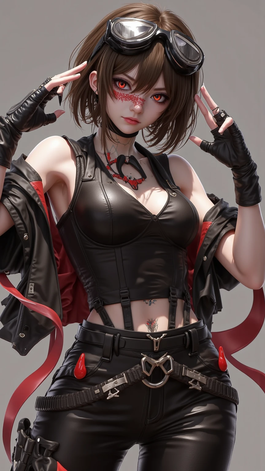 Nicke Crowe, Bra, cleavage, off shoulders, Jacket, Open your clothes, Skirt, thighs thighs thighs thighs, fish net, Choker, ear piercings, Belt bag, shairband, The tattoo, Jewelry,((Full body)),top-quality、​masterpiece、Hi-Res、女の子1人、Adult Woman, street fight monk,Smirk, masutepiece, quality of hike,White background