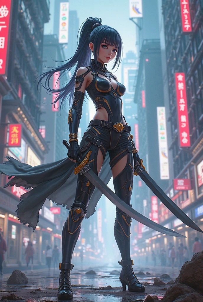 Hyperrealistic version of a woman kneeling down with a sword in her hand, very beautiful cyberpunk samurai, anime cyberpunk art, cyberpunk samurai, cyberpunk anime art, anime cyberpunk, cgsociety 9, digital cyberpunk anime art, style of maciej kuciara.1girl, samurai armor, helmet oni evil mask,intricate, ornaments detailed, cold colors, metal, egypician detail, highly intricate details, realistic light, trending on cgsociety, glowing eyes, facing camera, neon details, ultra realistic details, portrait full body, japanese atmosphere, global illumination, shadows, octane render, 8k, ultra sharp.cool lolita.