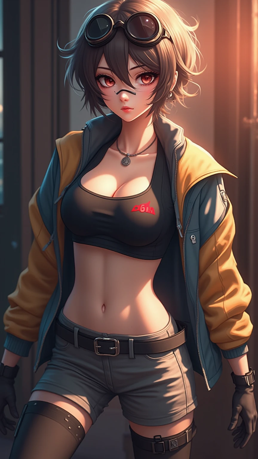 android 18 mujer, uno, 18 years, British, Flaco, small breasts, pechos redondeados, Flaco thighs, pale skin, cara linda, pelirrojo, Pelo RIZADO, pelo largo, top ajustado, cotton shorts, ropa intrincada, cuerpo completo, Makoto Shinkai, Realism, obra maestra, animado, cinematic light
