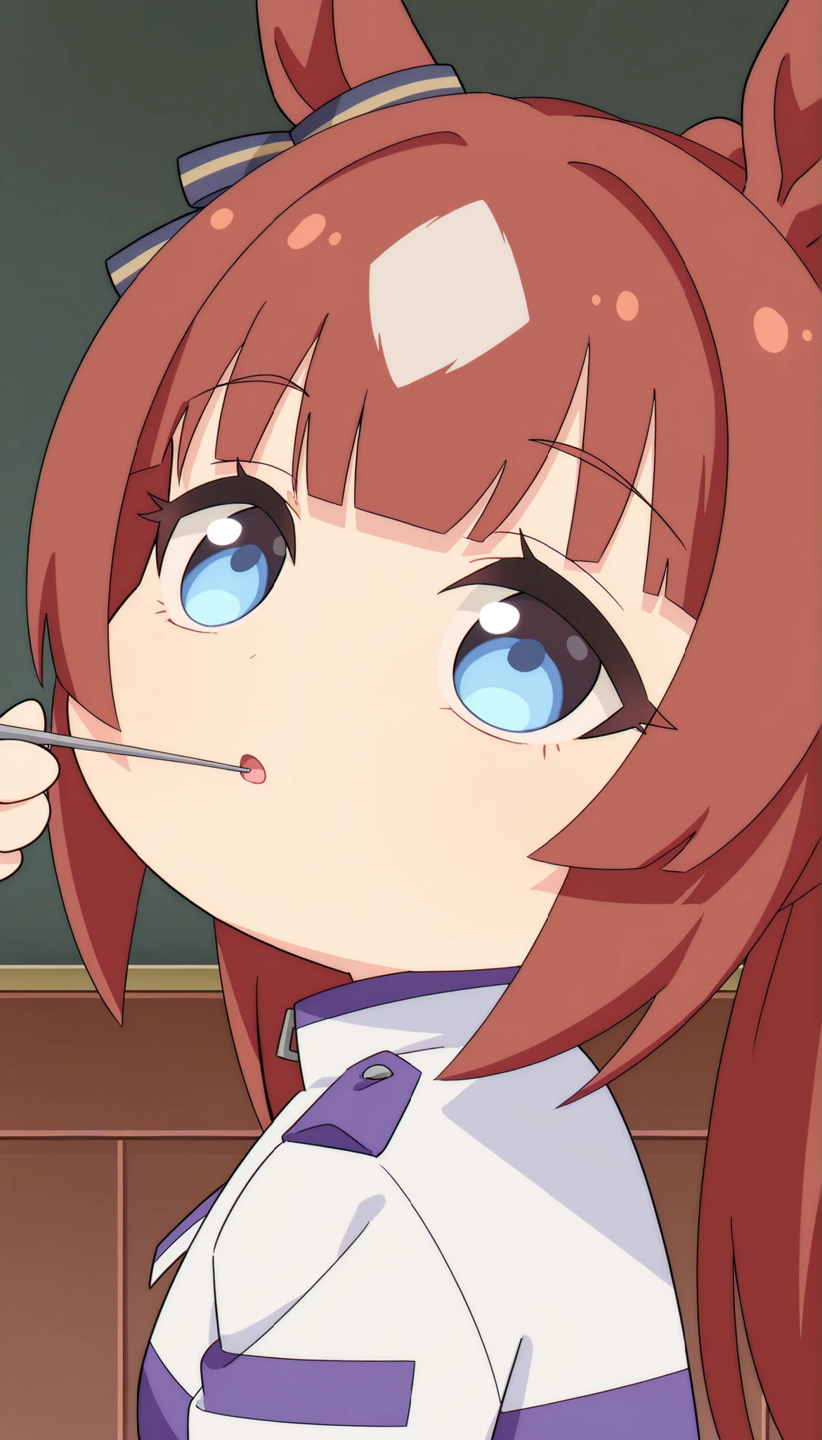 score_9, score_8_ up, score_7_ up, score_6_ up, Anime,( chibi:1.4),masterpiece, Highest Quality, Intricate Details, Oglicaps \(Uma Musume in Uniform\),solo,stares at viewers,Horse Ears,parted lips,portrait,white jacket,stupid hair,From the side, bright eyes ,School Feeding,