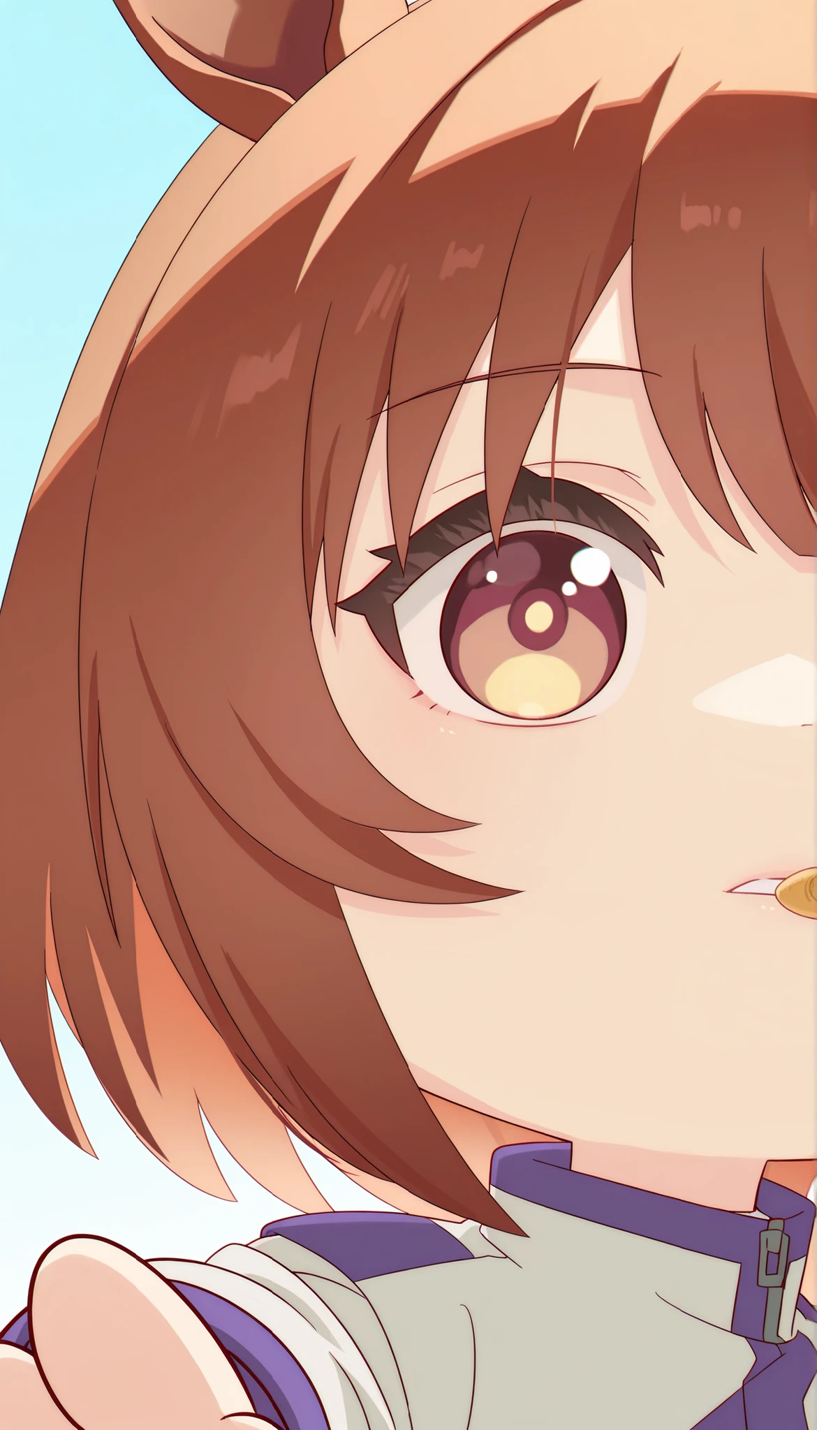 score_9, score_8_ up, score_7_ up, score_6_ up, Anime，( chibi:1.4)，masterpiece, Highest Quality, Intricate Details, Oglicaps \(Uma Musume in Uniform\),solo,stares at viewers，Horse Ears，parted lips，portrait，white jacket，stupid hair，From the side，  bright eyes ，School Feeding，