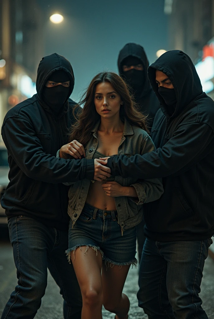 3 famme qui porte une cagoule et qui porte des gants pour kinape une famme dans la rue qui est à attaché 