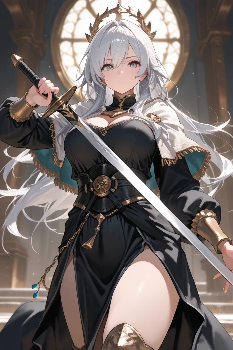 Generate an image of a majestic Swedish female warrior riding a horse, wearing a shiny armor and holding a sword up towards the sky. The warrior has long, flowing black hair with white highlights in the middle, thick wavy eyebrows, sharp almond-shaped eyes, and a determined expression. She wears a fantasy-inspired black and white coat with wide sleeves, a fabric belt around her waist, and loose-fitting pants. The background is a fantasy-inspired training arena with a focus on martial arts. The image should be rendered in a highly detailed, high-resolution, and anatomically correct style, with a focus on realism and perfection. The lighting should be cinematic, with a warm and natural glow. The image should evoke a sense of power, strength, and elegance. Reference: anime-style fantasy martial arts, high-quality manga art, perfect body proportions, golden ratio, symmetrical face, highly detailed eyes and face, high-quality eyes, creative, RAW photography, ultra-high resolution, 32k, natural light, cinematic lighting, masterpiece: anatomy-perfect, masterpiece: 1.5