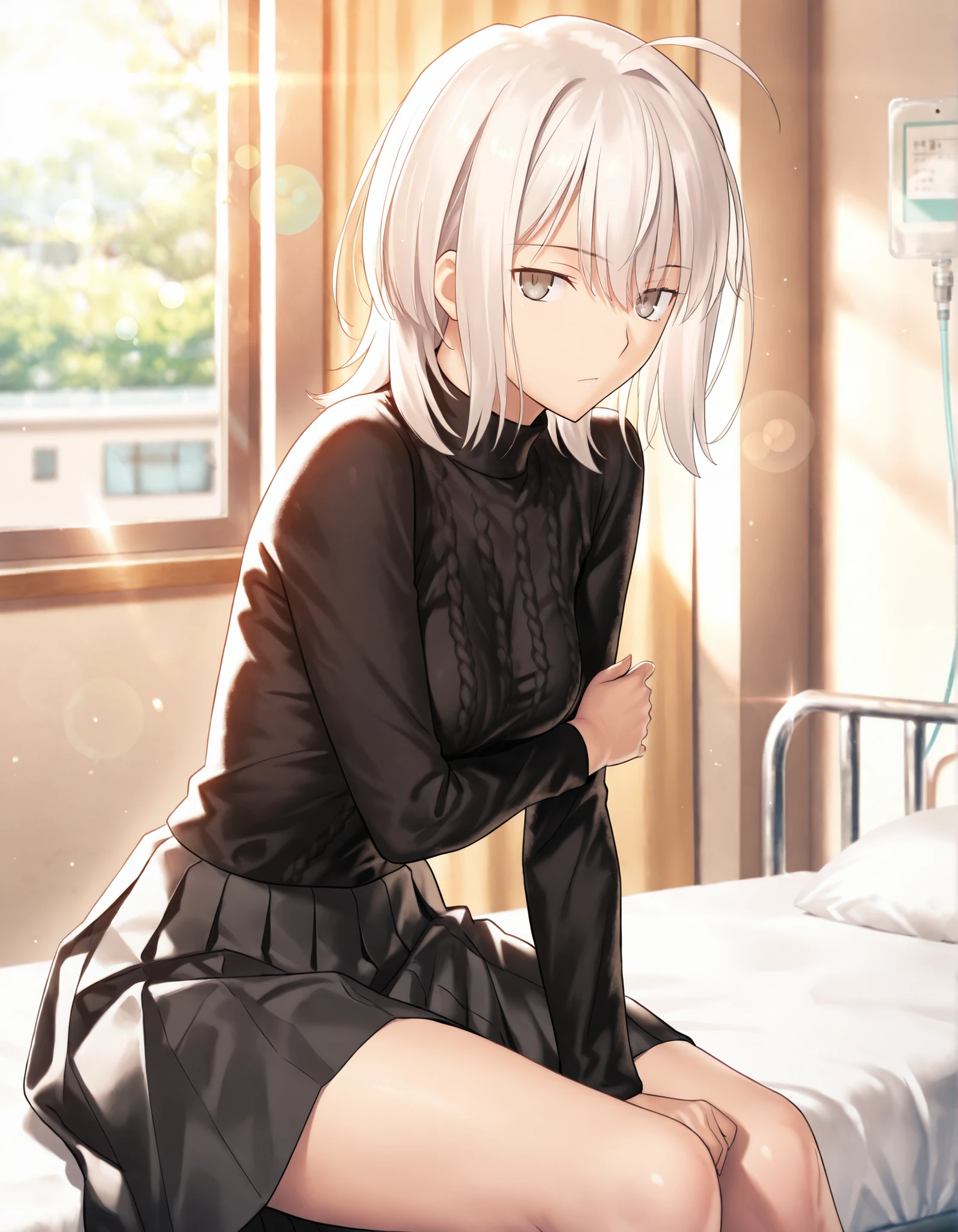 masterpiece, , absurdres, highres, detailed background, high resolution, masterpiece, necessary, detail, best quality, quality, necessary, details, High details, Precise, 8k, indoors,(hospital),day lens flare, blurry background, from side,
1girl, , koyama hirokazu (type-moon) style, ,Takeuchi Takashi style, (aged up),( ), ,((very long thighs)), sitting, leaning forward,
very tall girl, (slender body, slim arms, slim body), solo, arm under breasts, ,
((wolf cut hair)), white hair, medium hair, gray eyes, half-closed eyes, jitome ,bangs, hair between eyes, ahoge, ,(black turtleneck knit, long sleeve , black pleated skirt, long skirt, ), ,(small breasts),(looking at viewer), , ,
