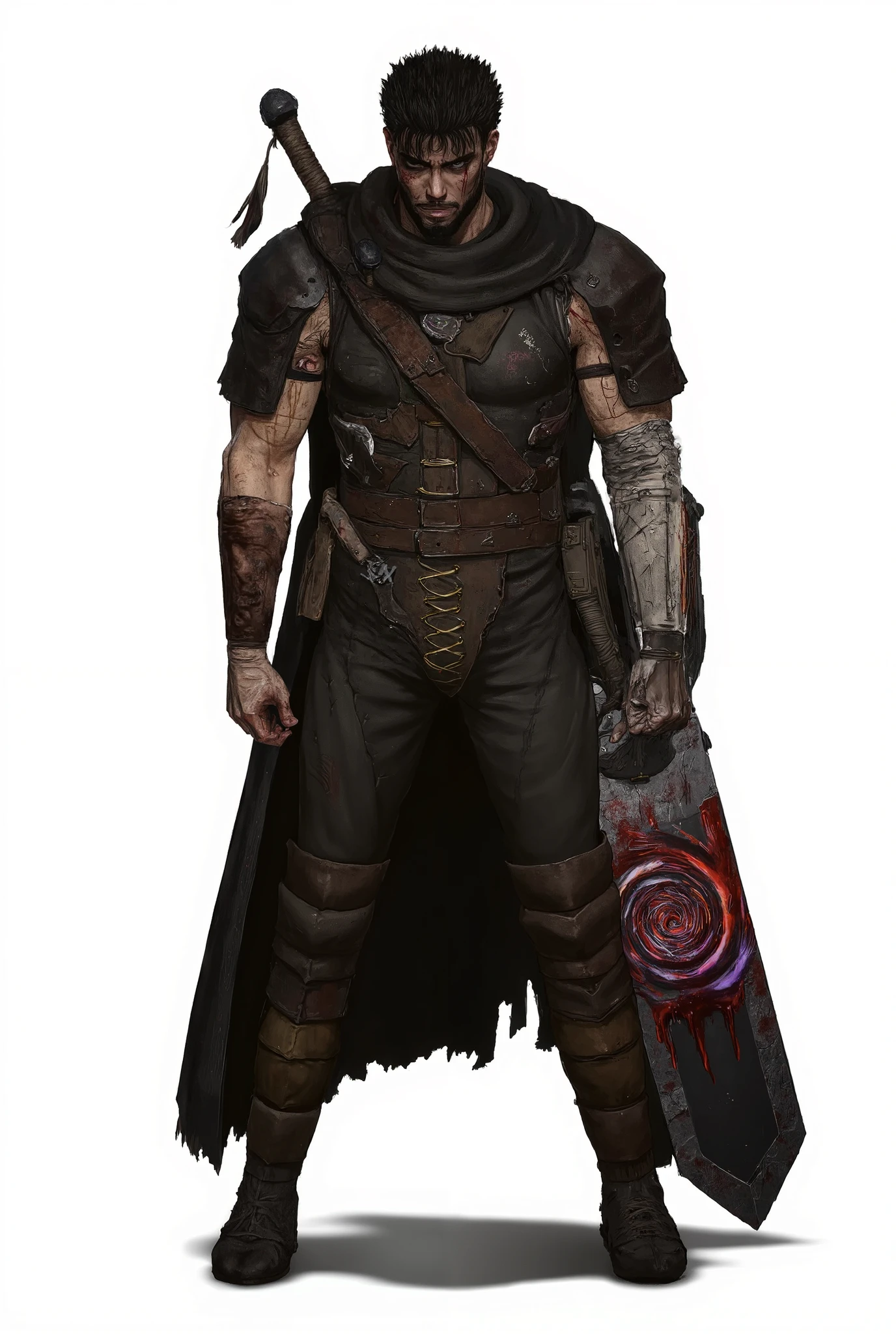 "A full-body character illustration of Kael Voryn, a dark, muscular male warrior, standing against a plain white background. He is 2.06 meters tall, with a highly muscular and veiny build, pale grayish skin covered in old burn marks and battle scars. He has long, messy black hair and a thick, uneven black beard. His eyes are sunken, gray, and filled with torment. Kael wears a tattered black leather cloak with cybernetic armor fragments and exposed wiring, mixed with bone plating on the shoulders. His chest is partially visible, showing ancient scars and metallic implants fused to his flesh. His arms are wrapped in burned leather straps and copper wires. He wears black reinforced pants with armored patches and heavy worn boots. His right hip shows a glowing, cursed spiral-shaped birthmark in dark red and purple, pulsating like a living sigil. Kael holds a colossal sword over 2 meters long, forged from bloodstained bone and blood-metal, named 'The Shatterer'. The sword is cracked, leaking dry blood, with a grip wrapped in stitched black leather and a fang-shaped guard. His stance is. 4k, ultra definição.