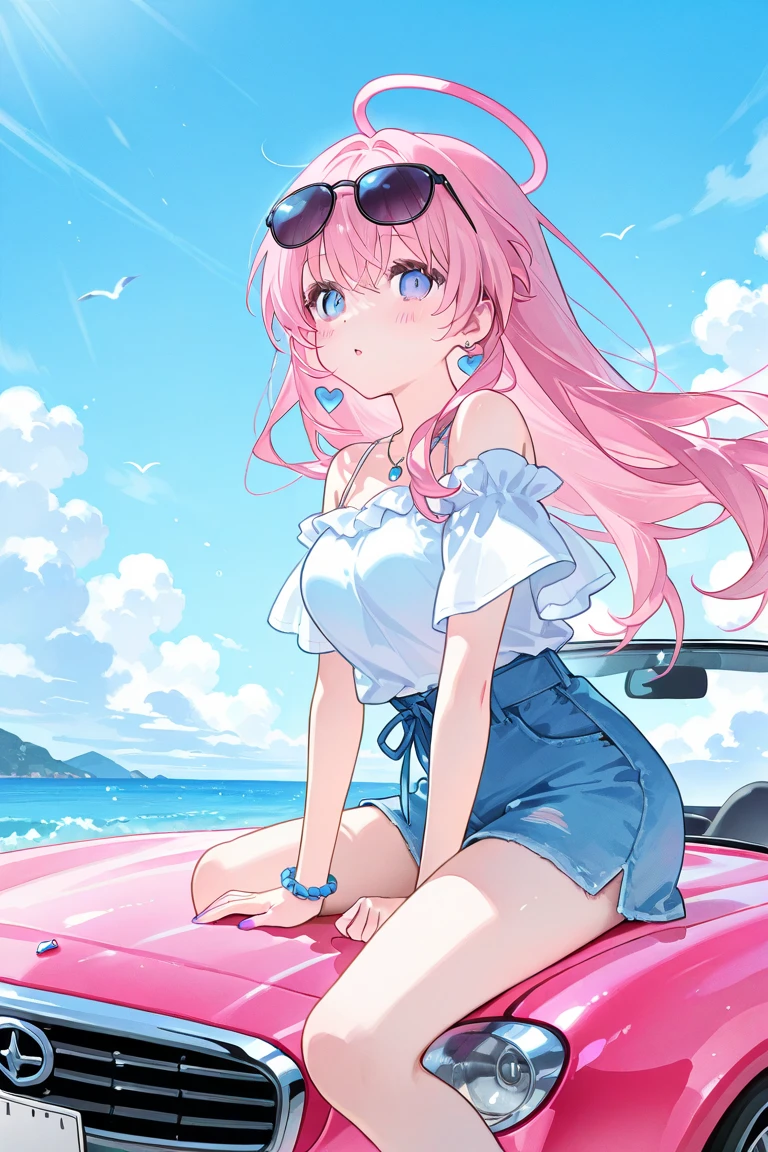 Una linda camisa blanca que la deja ver. 、Falda de vuelo celeste con volantes、Se levanta la falda con ambas manos para lucir su linda ropa interior blanca.、Linda ropa interior blanca visible cuando se levanta la falda.、Playa de arena, Mar hermoso, noche y cielo estrellado