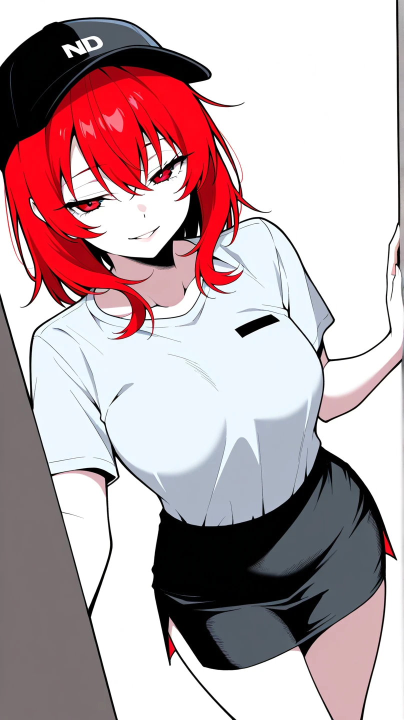 4k HD resolution, akane possessed by middle aged man, red hair, glowing-blue eyes, evil grin, horrifying scene, looking at self reflection pov, in a room, looking at own body, squeezing breast together, small breast