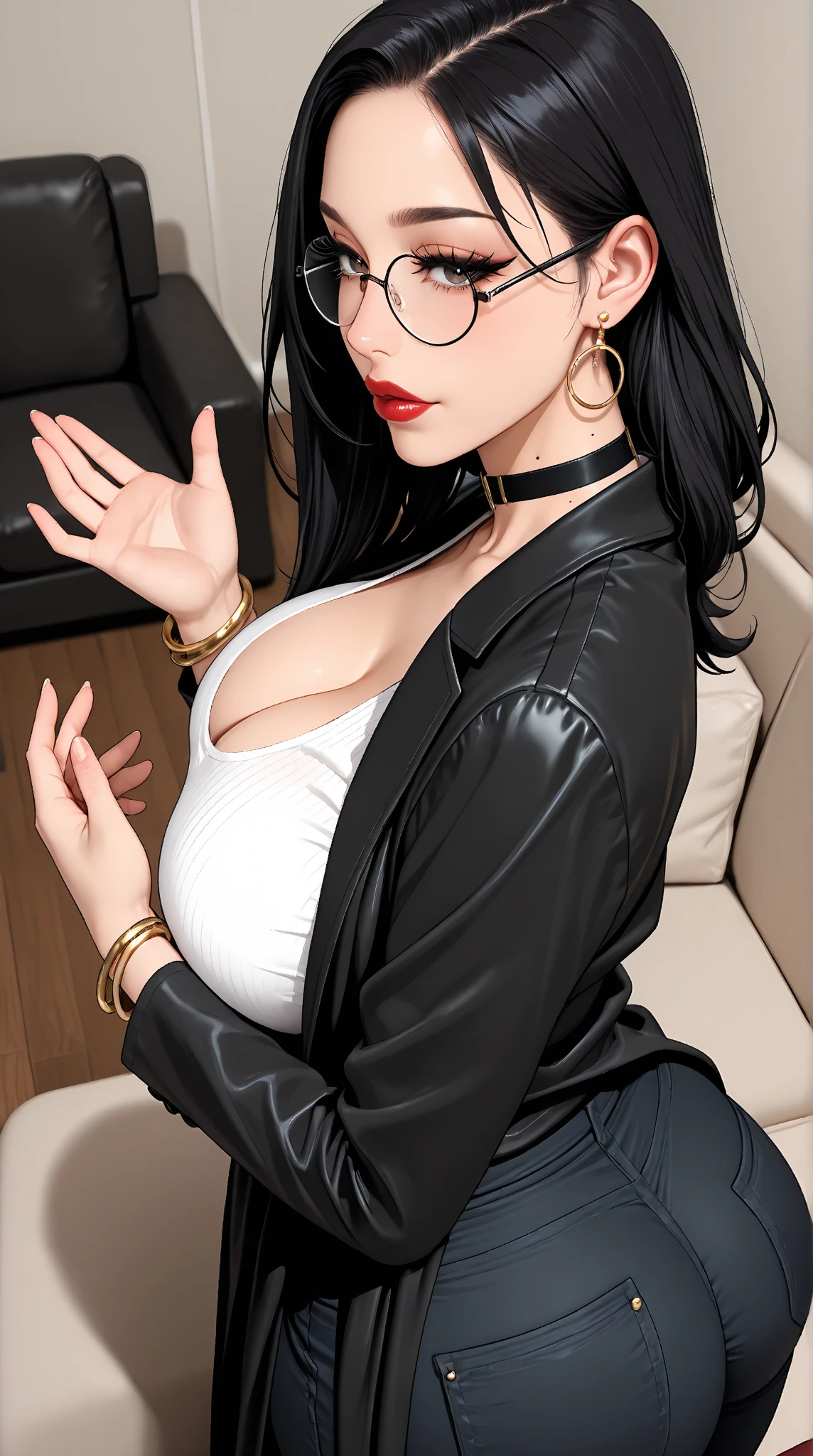 (Highest image quality:1.35), high quality, (8k:1.3), Realistic photos, (A beautiful woman:1.33), (Muscular body:1.2),(Depth of field/1.8), (looking at camera:1.35), Clear focus, (Muscular thighs:1.4), Original Photography, (Stroboscopic photography:1.5), Super Detail, High Detail, high quality, high resolution, (From head to knees:1.4), Masterpiece of art, exquisite work, high quality, and realistic details. In the center of the scene is a lady with wavy hair, a headband, square-framed glasses, filled eyebrows, blush, eyeshadow, heavy makeup, and red lips. She is dressed in a business suit with a thousand bird pattern, a white silk shirt, and wears black pleated shorts, tight stockings, black silky tights, and high heels. Her skin is fair and delicate, she sports a Rolex watch, pearl necklace, hand chain, and wedding ring. With her voluptuous thighs and slender body,spread legs.big breasts。sitting on the middle street
