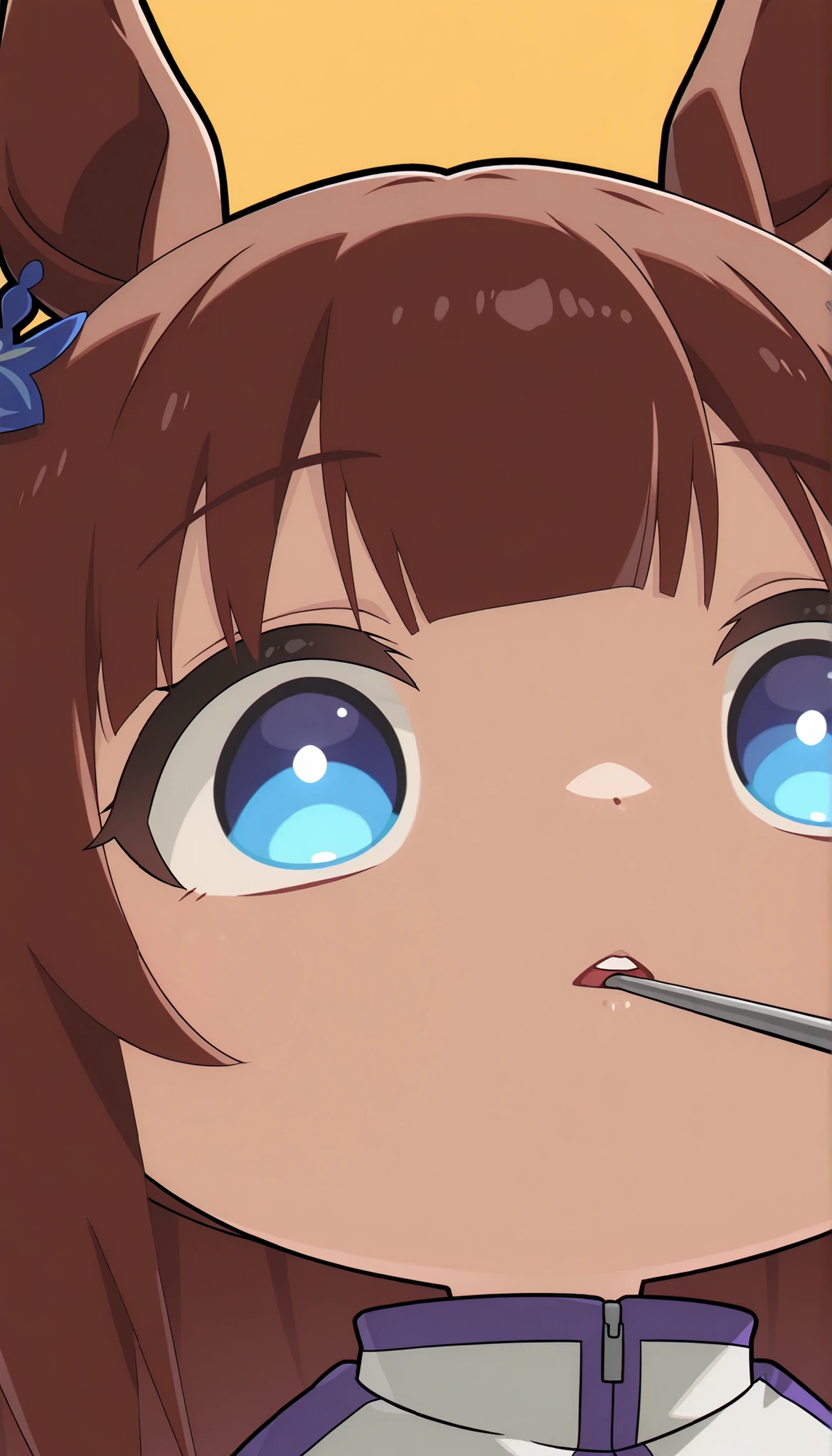 score_9, score_8_ up, score_7_ up, score_6_ up, Anime,( chibi:1.4),masterpiece, Highest Quality, Intricate Details, Oglicaps \(Uma Musume in Uniform\),solo,stares at viewers,Horse Ears,parted lips,portrait,white jacket,stupid hair,From the side, bright eyes ,School Feeding,