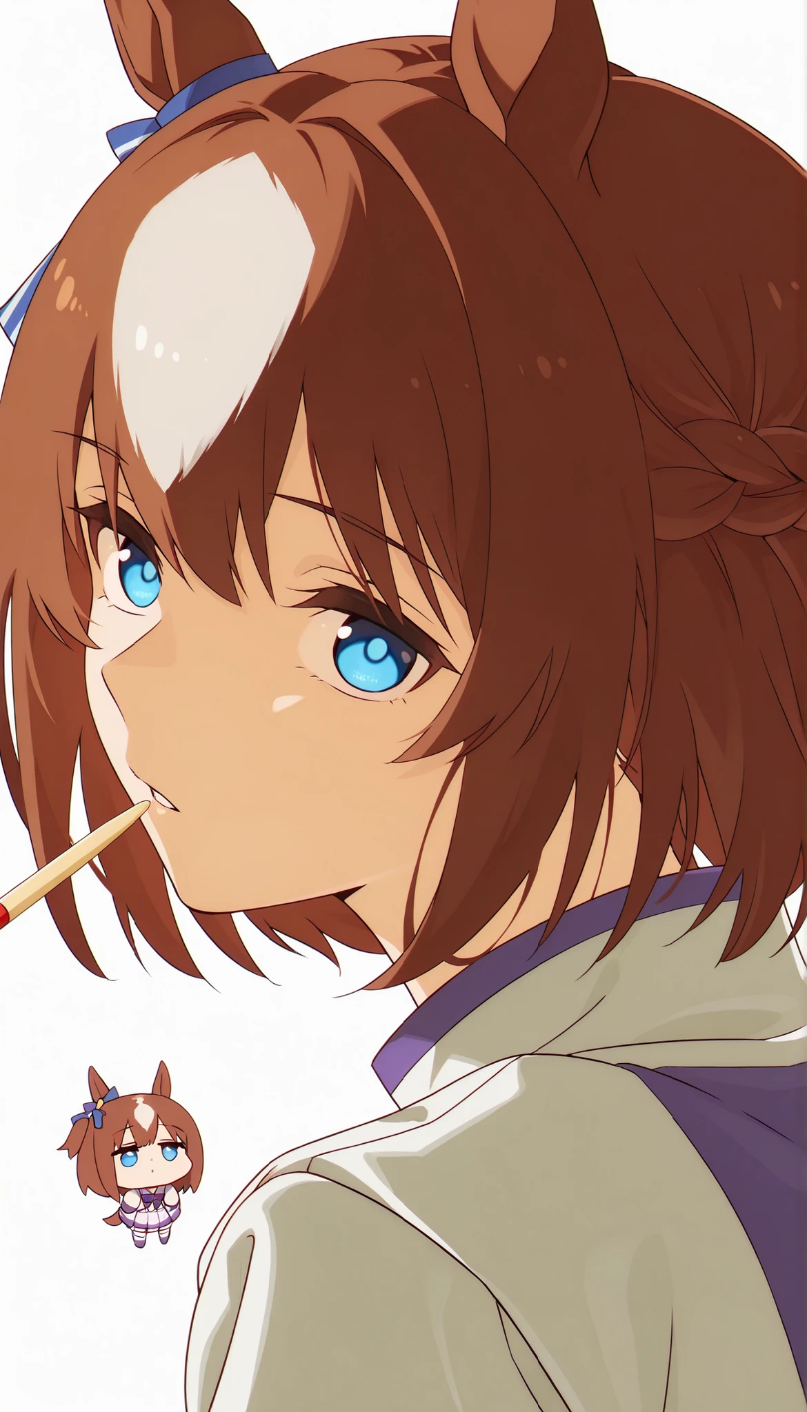 score_9, score_8_ up, score_7_ up, score_6_ up, Anime，( chibi:1.4)，masterpiece, Highest Quality, Intricate Details, Oglicaps \(Uma Musume in Uniform\),solo,stares at viewers，Horse Ears，parted lips，portrait，white jacket，stupid hair，From the side，  bright eyes ，School Feeding，