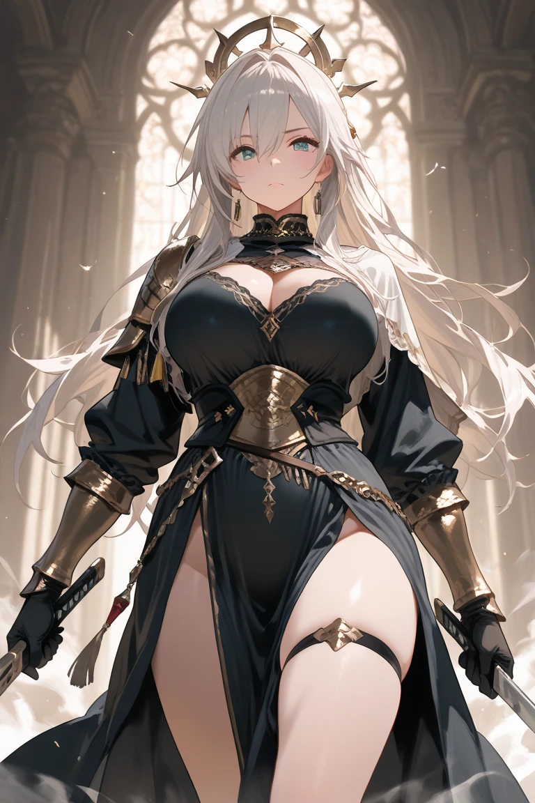 Woman knight、a beauty girl、huge tit、Excellent style、Nice Buddy、glamorous、leotard、s Armor、Shoulder rest armor、Bra chest armor、knee boots、gauntlets、hair adornments、silber hair、Longhaire、Ahoge、a medieval castle、is standing、full body seen、Outside the castle、natta