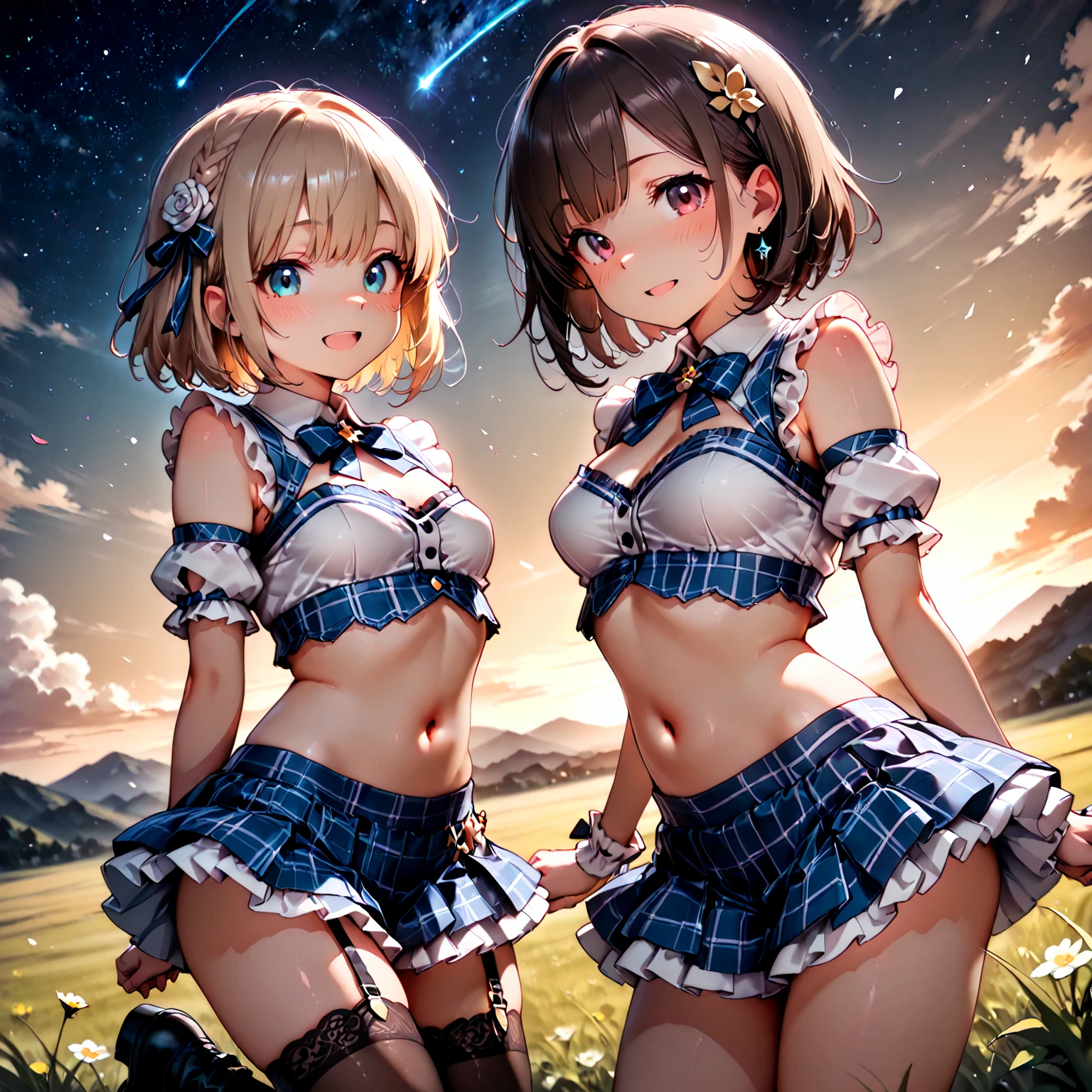 ((highest quality)), ((masterpiece)), (3 Women:1.5), Cute woman is posing for the camera, (underwater), (shirtを持ち上げる:1.3), (open your mouth and smile:1.3), ray tracing, ((tits), (small nipple), nipple, chest, hair band, head band, hair bobble, blouse, shirt, (high definition thighs), (line up in a row), 12 talents、13 years old、14 years old、15 years old、Asian, Westerners, silver hair, brown hair, blonde, (belly button), jewelry, looking at the viewer, necklace, long hair, short hair, (abs),(written boundary depth), (A strong wind blows from below and my skirt completely flips up..:1.5),