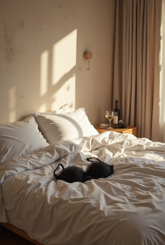 there is a man lying in a big bed, athlete physique, buzz cut fade, Lying on the bed on his stomach, facing away from the camera. The place has white walls, a white curtain in the background. The bed has a white headboard.
