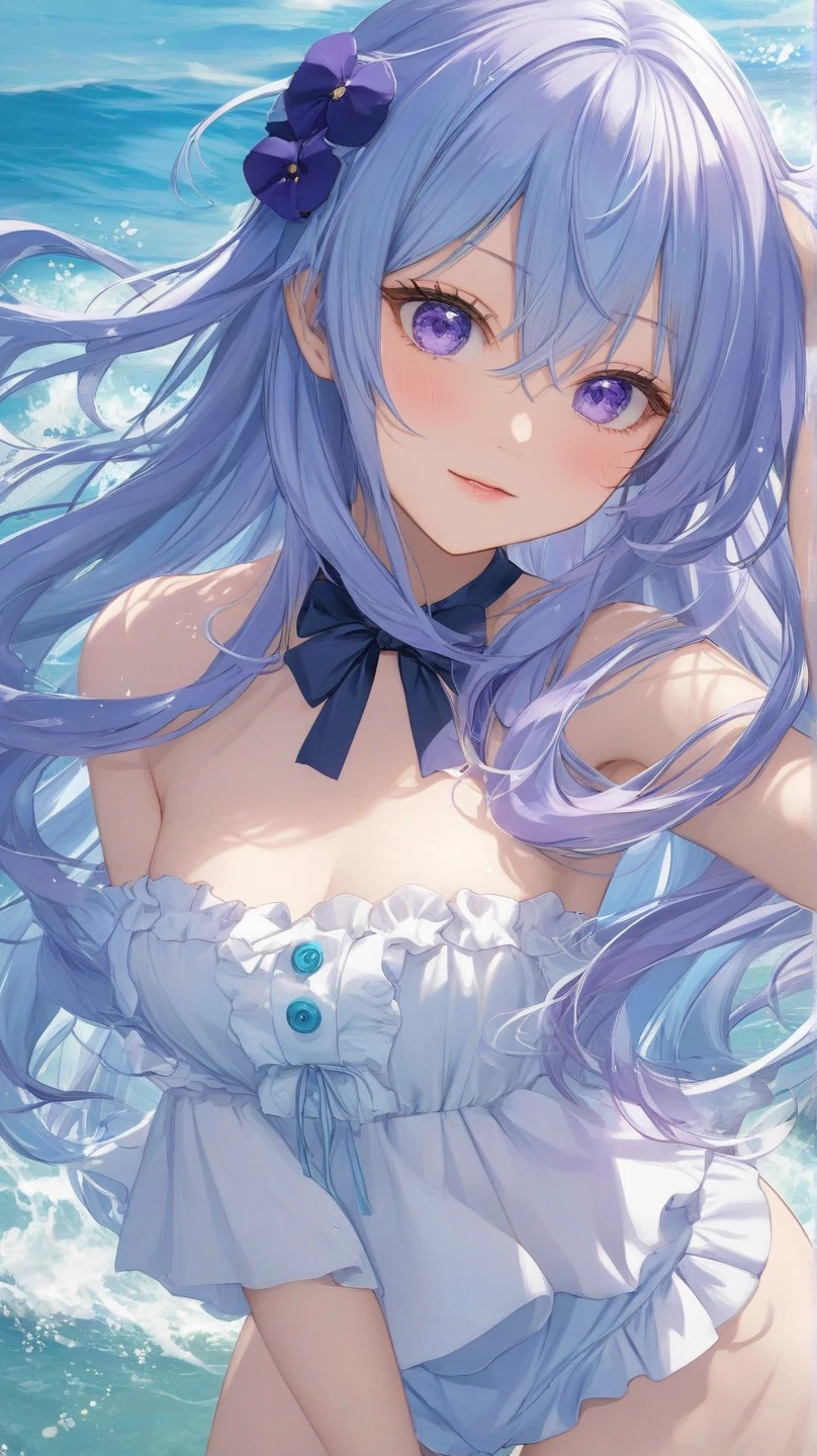 masterpiece, best quality, <lora:OH4XL_V1:1>1girl, solo, jewelry, blue eyes, blue nails, long hair, breasts, earrings, looking at viewer, bangs, hand on own face, hand on own cheek, hair between eyes, nail polish, cleavage, bare shoulders, head rest, eyelashes, gem, closed mouth, upper body