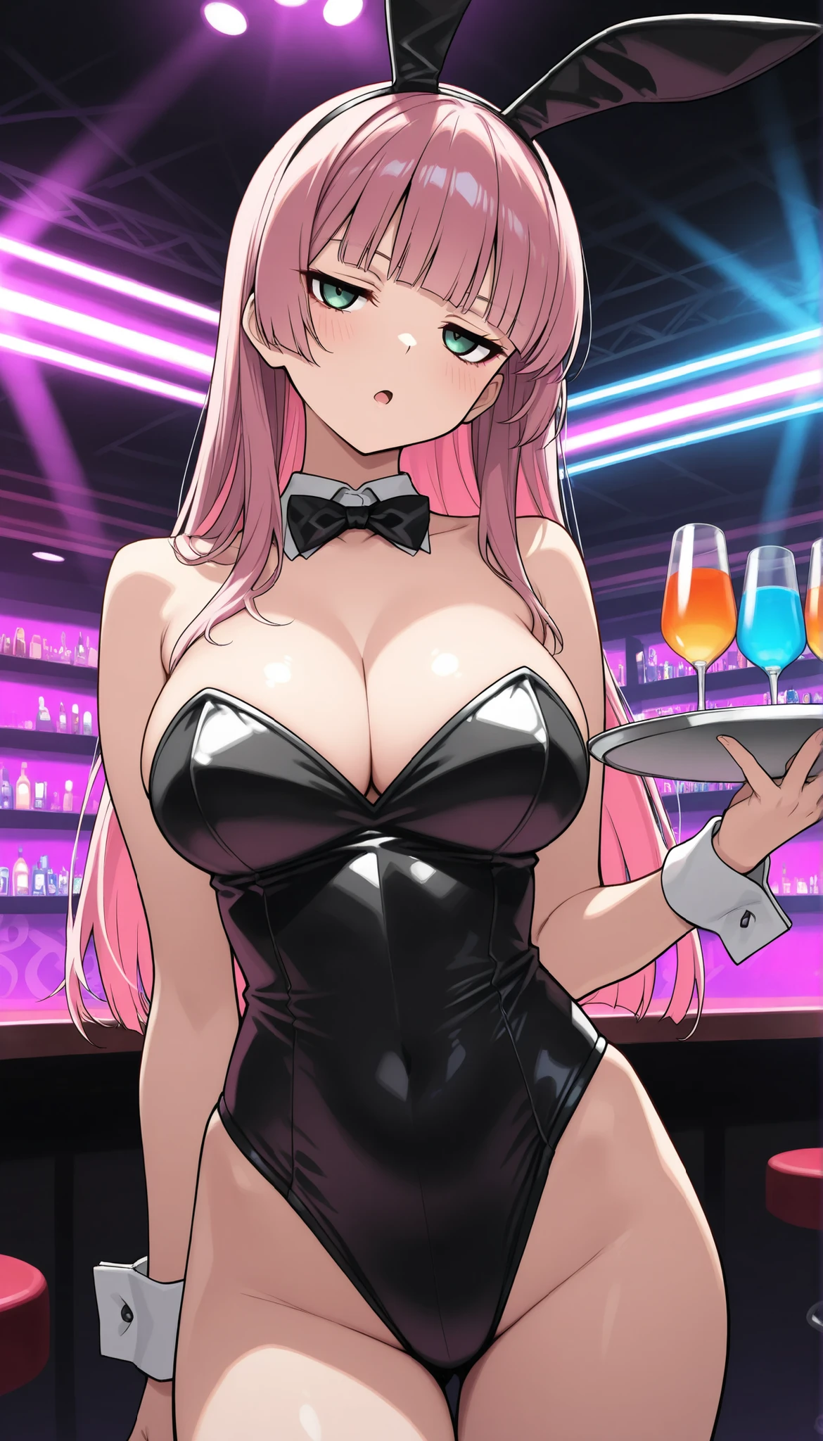 masterpiece, best quality, 1girl, solo, kirisu mafuyu, looking at viewer, annoyed, closed mouth, blush, embarrassed, large breasts, playboy bunny, rabbit ears, black pantyhose, red bowtie, wrist cuffs, black leotard, holding tray, foods, drinks, squatting, spread legs, cafe shop, restaurant, full body,