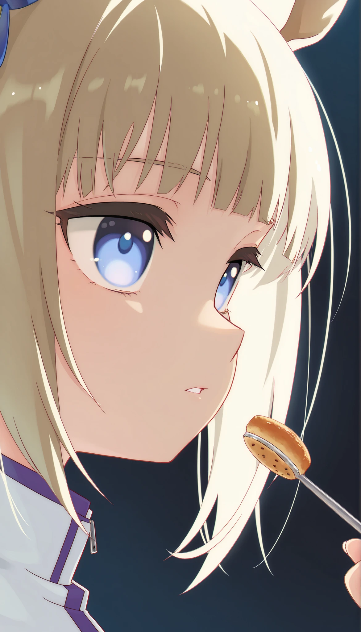score_9, score_8_ up, score_7_ up, score_6_ up, Anime,( chibi:1.4),masterpiece, Highest Quality, Intricate Details, Oglicaps \(Uma Musume in Uniform\),solo,stares at viewers,Horse Ears,parted lips,portrait,white jacket,stupid hair,From the side, bright eyes ,School Feeding,