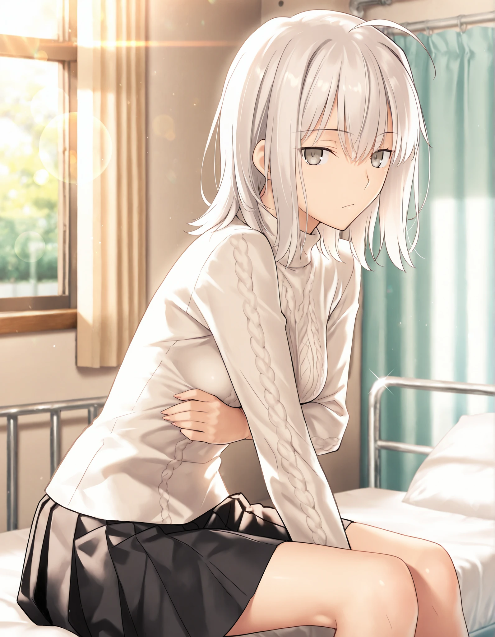 masterpiece, , absurdres, highres, detailed background, high resolution, masterpiece, necessary, detail, best quality, quality, necessary, details, High details, Precise, 8k, indoors,(hospital),day lens flare, blurry background, from side,
1girl, , koyama hirokazu (type-moon) style, ,Takeuchi Takashi style, (aged up),( ), sitting, leaning forward,
very tall girl, (slender body, slim arms, slim body), solo, arm under breasts, ,
((wolf cut hair)), white hair, medium hair, gray eyes, half-closed eyes, jitome ,bangs, hair between eyes, ahoge, ,(black turtleneck knit, long sleeve , black pleated skirt, long skirt, ), ,(small breasts),(looking at viewer), , ,