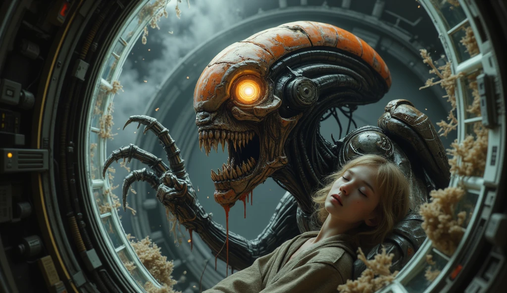 a close up of a person standing next to a giant creature, die antwoord music video, love death + robots, love death and robots, movie still of the alien girl, still from alita, mars attacks, kylie minogue as barbarella, still from a music video, die antwoord, critters - movie, amazing space creature 4 k --auto --s2