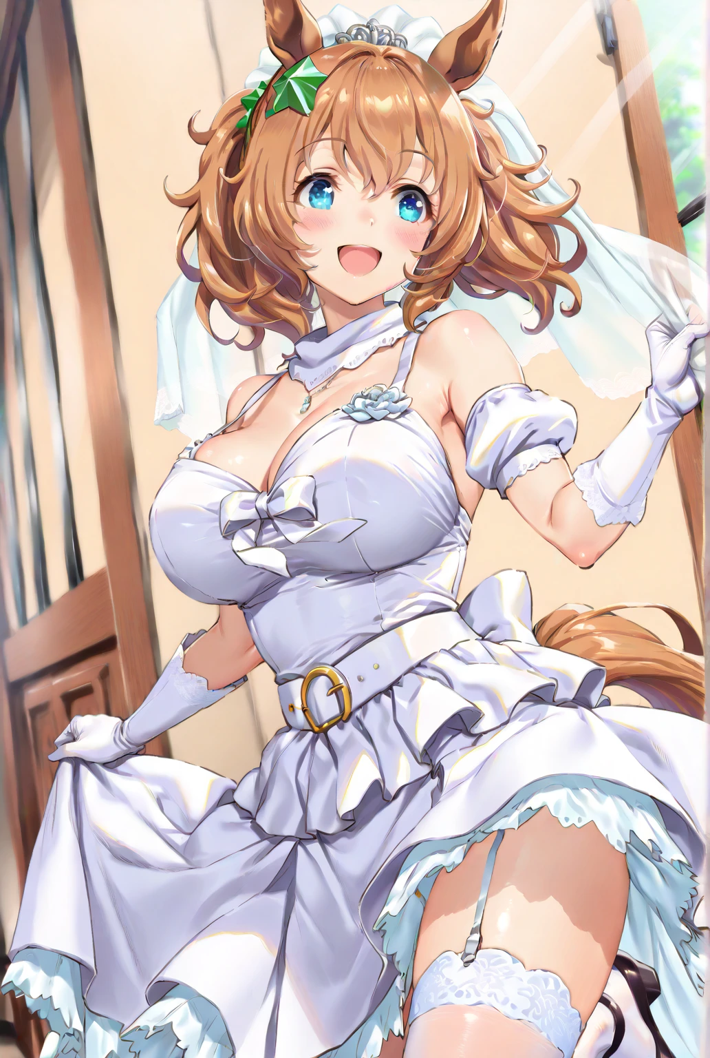 Anime illustration、Fantasy、highest quality、wedding style、Chapel with sunlight streaming in、Clear skies、bouquet、neat wedding dress、Perfect proportions、overwhelmingly big breasts、Very thick thighs、Beautiful, shining eyes、Blushed、smile、Cowboy Shot