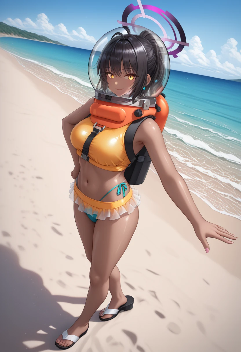 Naked Brown skinned girl on a Sunny beach wearing a panel gag, beside her is a white skinned boy
