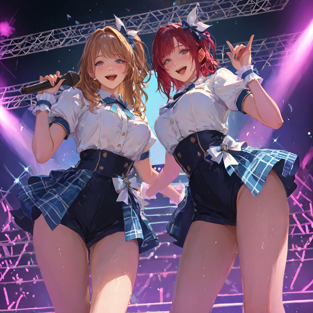 (two adult women:1.3)、exact number of fingers、Exact number of legs、Exact number of arms、bangs, ribbon ponytail, brown hair, (blush:1), (Two women put one hand in their panties:1.8), fingering, (pussy juice:1.2), cum in mouth, (two women are singing with microphones:1.5)、white and navy idol costume、That costume includes a navy blue idol-style corset., That costume has a ribbon on the collar.、The costume covers the shoulders, sides, upper arms, and arms., That costume only opens wide at the chest.、high socks、white idol style skirt, (Detailed and luxuriously decorated underwear:1.3), Ribbon at collar, (Light blue horizontal string lace panties with a lot of lace:1.3), Light blue lace bra:1.2), sexy underwear, Thighhighs、 beautiful big breasts, (erect nipples:1.2), the skirt is turned up、highest quality, High resolution, (detailed and beautiful eyes:1.6), highly detailed face, perfect lighting, Very detailed CG, (perfect hands, perfect anatomy),embarrassed expression、The expression that you are holding back from going to the toilet, (sexual pleasure expression:1.4), (expression of agony:1.2)、close your eyes、sexy look、look upward、mouth half open、Climax、(live stage、a lot of spectators:1.5)、Mike stand、whole body