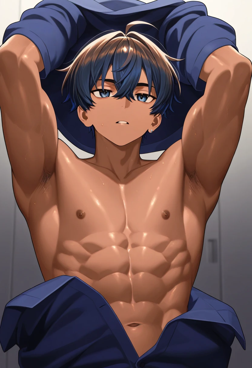 teen boy with thin body, real person, at classrooom, at chair, spread legs, realistic, hot teen boy, masterpiece, smooth body, closed eyes, alluring pose, whole body visible, far from camera, shot from below, sweaty, lower angle shot, no shirt, male figure, wearing blue boxer briefs, wavy medium length hair, whole body visible in camera, age 14, confident, white skin, hands behind head, arms behind head, armpit hair, pubic hair, big bulge, best quality, lean body