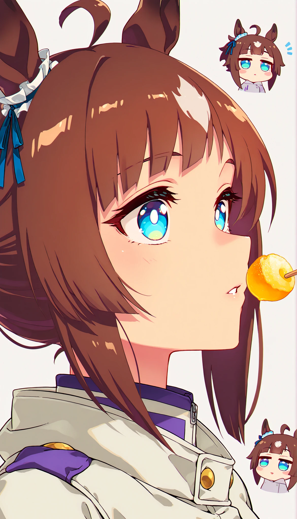 score_9, score_8_ up, score_7_ up, score_6_ up, Anime,( chibi:1.4),masterpiece, Highest Quality, Intricate Details, Oglicaps \(Uma Musume in Uniform\),solo,stares at viewers,Horse Ears,parted lips,portrait,white jacket,stupid hair,From the side, bright eyes ,School Feeding,
