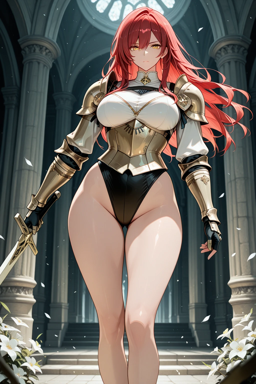 "(masterpiece), best quality, NSFW,
1girl, (80s anime style:1.5), (eyelashes:1.5),
(intricate high detailed body:1.2),
red hair,
(wavy hair:1.1),
blue eyes,
(curvy body:1.2),
(huge breasts:1.2),
cheerful, smile, open mouth,
(fur leotard:1.2),
(knight armor, armored boots:1.2),
(garter belt:1.2), belts, collar, hair ribbon,
(dynamic pose1.1),
(full body1.1),
(simple white background:1.3)"