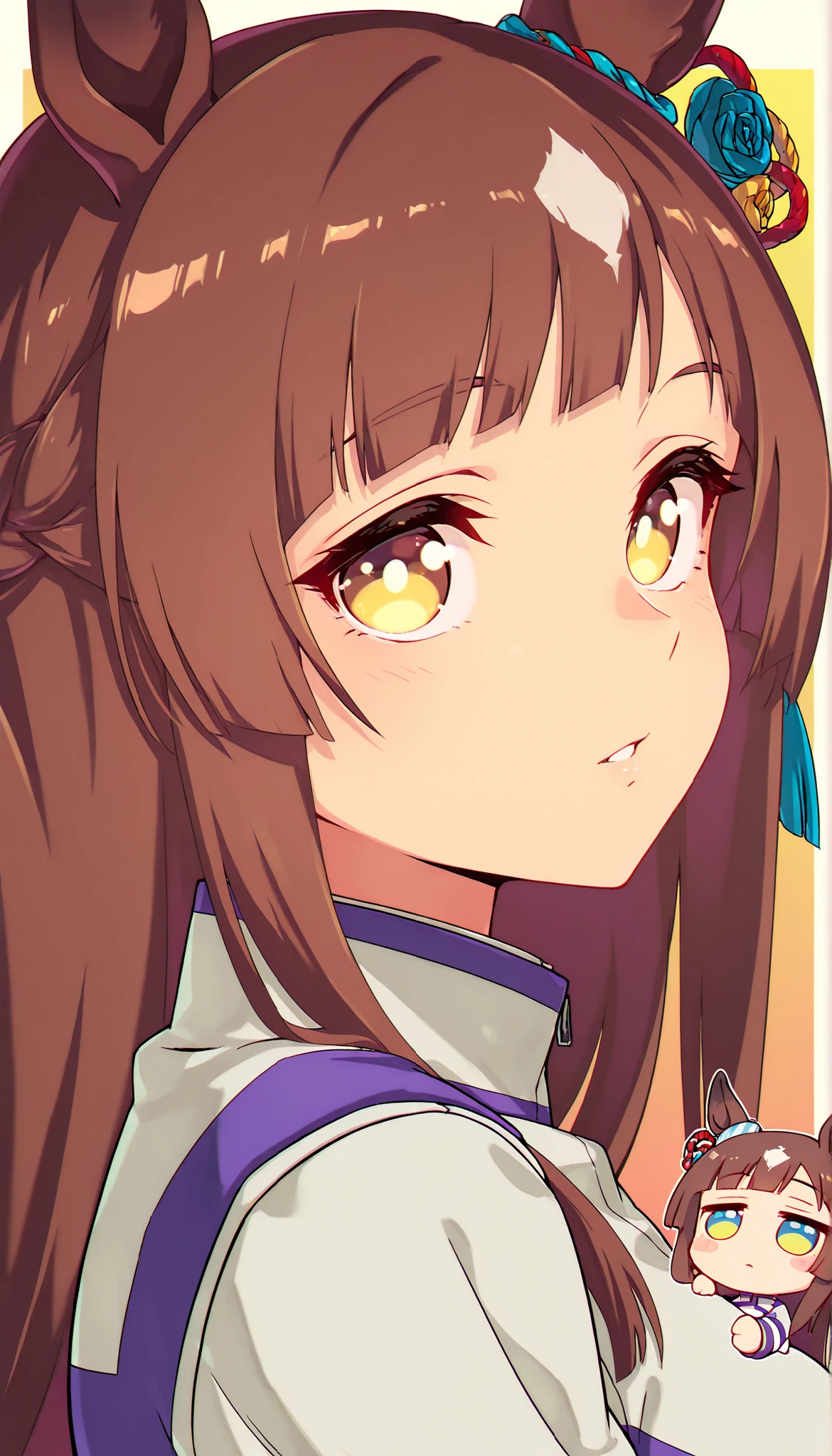 score_9, score_8_ up, score_7_ up, score_6_ up, Anime,( chibi:1.4),masterpiece, Highest Quality, Intricate Details, Oglicaps \(Uma Musume in Uniform\),solo,stares at viewers,Horse Ears,parted lips,portrait,white jacket,stupid hair,From the side, bright eyes ,School Feeding,