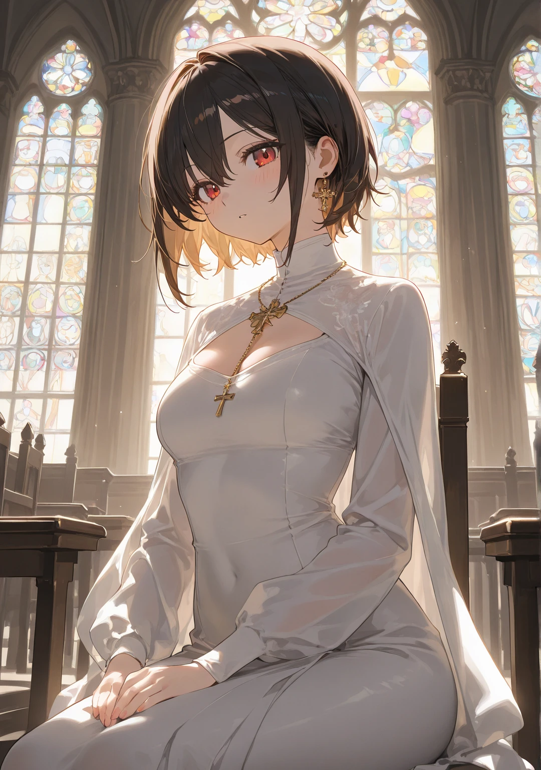 ((highest quality)), ((masterpiece)), (become familiar with), Illuminated by candlelight、In a dimly lit cathedral with huge stained glass windows、Put your hands on the pulpit、support the body、She was wearing only a white bra and white panties.、black haired、had blue eyes、Beautiful girl in her late teens、small face、Bust: 84cm、Waist 55cm、Hip 79cm、perfect hands、perfect fingers、High resolution