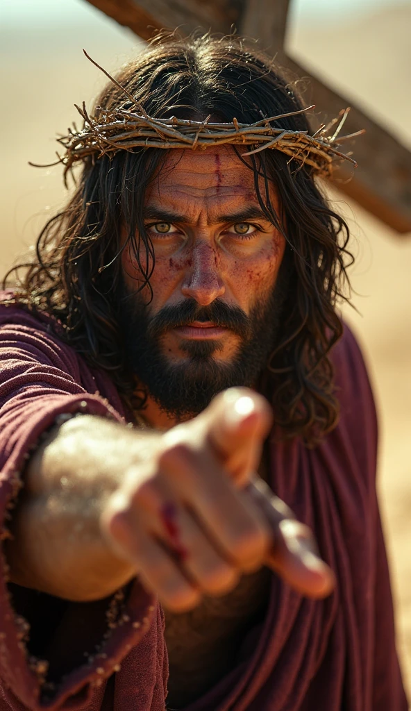an image from afar, Jesus Christ rich in detail with a crown of thorns looking disappointed and crying at a (Dark Man), gray sky with clouds in the middle of a storm, a crack of (light is under Jesus),