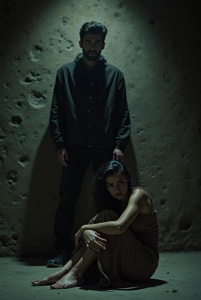 Create two people kneeling being pointed at by a person with a gun inside a cave, both kneeling and seriously injured, the other masked person pointing at them