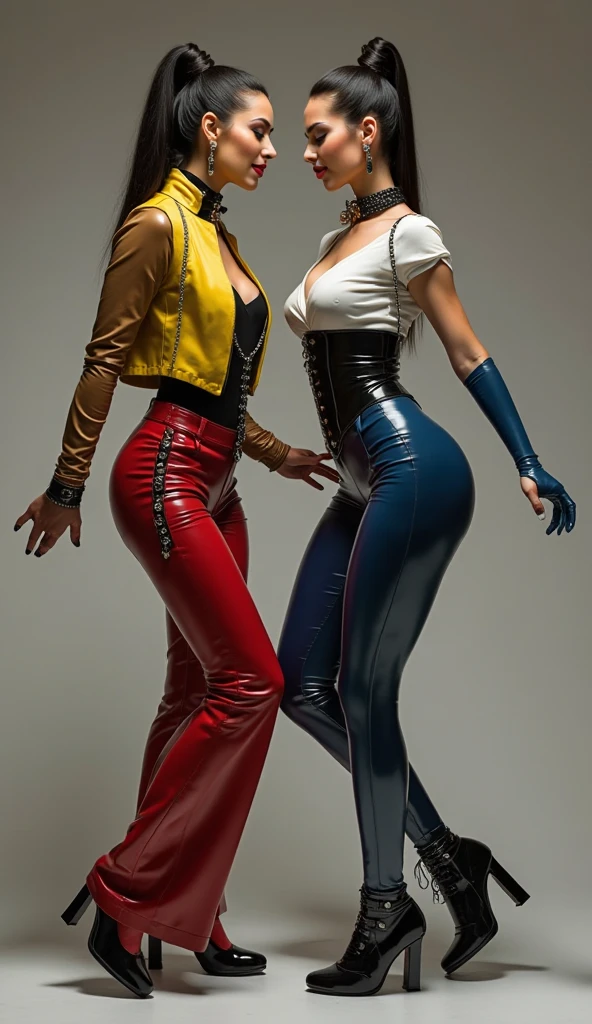 ((masterpiece:1.4)、(highest quality:1.4)、(realistic:1.7))、master piece:1.4、(Finest rendering:1.4)、beautiful girl dirty pair、(Beautiful Space Investigator Dirty Pair:1.4)、Kei and Yuri space investigator duo、(Kei and Yuri are cute girl names:1.2)、two investigators, Kei and Yuri stand side by side...、(Written by Luis Royo:1.4)、(hold a gun:1.2)、Body fit sexy investigator duo uniform、(Luxurious shiny latex:1.4)、(white sleeveless uniform jacket)、(Underwear Red Sexy Super Ultra Bikini)、(luxury red latex:1.4)、19 years old、(cute tattoo:1.4)、(wearing white gloves)、(two cute girls:1.4)、Super beautiful、sharp focus、portrait photography:1.4、8k、realistic photo images:1.4、(perfect female body:1.4)、perfect proportions、sexy couple、(Upper body photography:1.4)、beautiful face、(beautiful skin:1.4)、beautiful eyes、narrow waist、(9 life size beautiful style girl)、(Beautiful girl with long legs and good style:1.4)、beautiful feet、(Kei has red hair:1.4)、(Yuri has blue hair:1.4)、(long hair:1.2)、beautiful breasts、big breasts:1.2、sexy butt、Raw photo、red lips、red high heels:1.4、choker:1.4、necklace:1.4、earrings:1.4、1 screen display、cyberpunk city:1.2