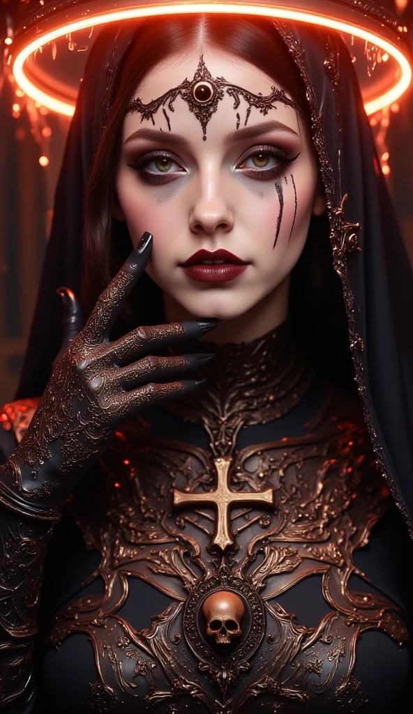 a nun in a gothic cathedral, scary portrait, monster nun, red eyes, scars appearing on the face, horror movie, dramatic lighting on the face, scary face, scary and bloody smile, apocalyptic atmosphere, threatening presence, terrified crowds, stained glass windows, soft candlelight, black and white photography, minimalist composition, scary expression, vintage aesthetic. best quality, 8k, masterpiece: 1.2, ultra-detailed, realistic
