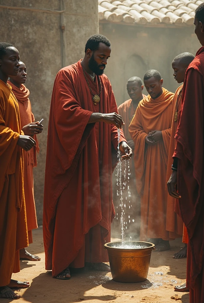 One bramhana pandit with the aged of 28!years old men washing his legs and arms with a bucket of water in a kingdom