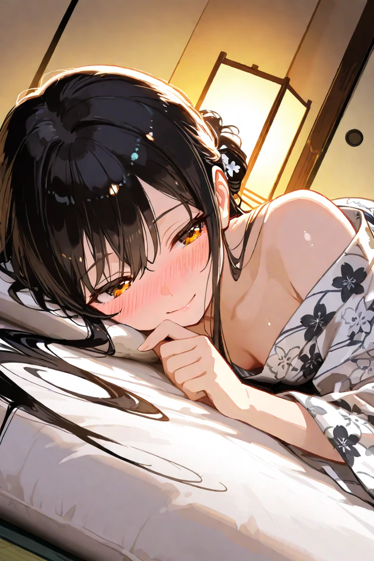 1girl, full body, black short hair, glowing eyes, the yukata was slightly open, sleeping on back, view from above, (best quality,4k,8k,highres,masterpiece:1.2),ultra-detailed,(realistic,photorealistic,photo-realistic:1.37),HDR,UHD,studio lighting,ultra-fine painting,sharp focus,physically-based rendering,extreme detail description,professional,vivid colors