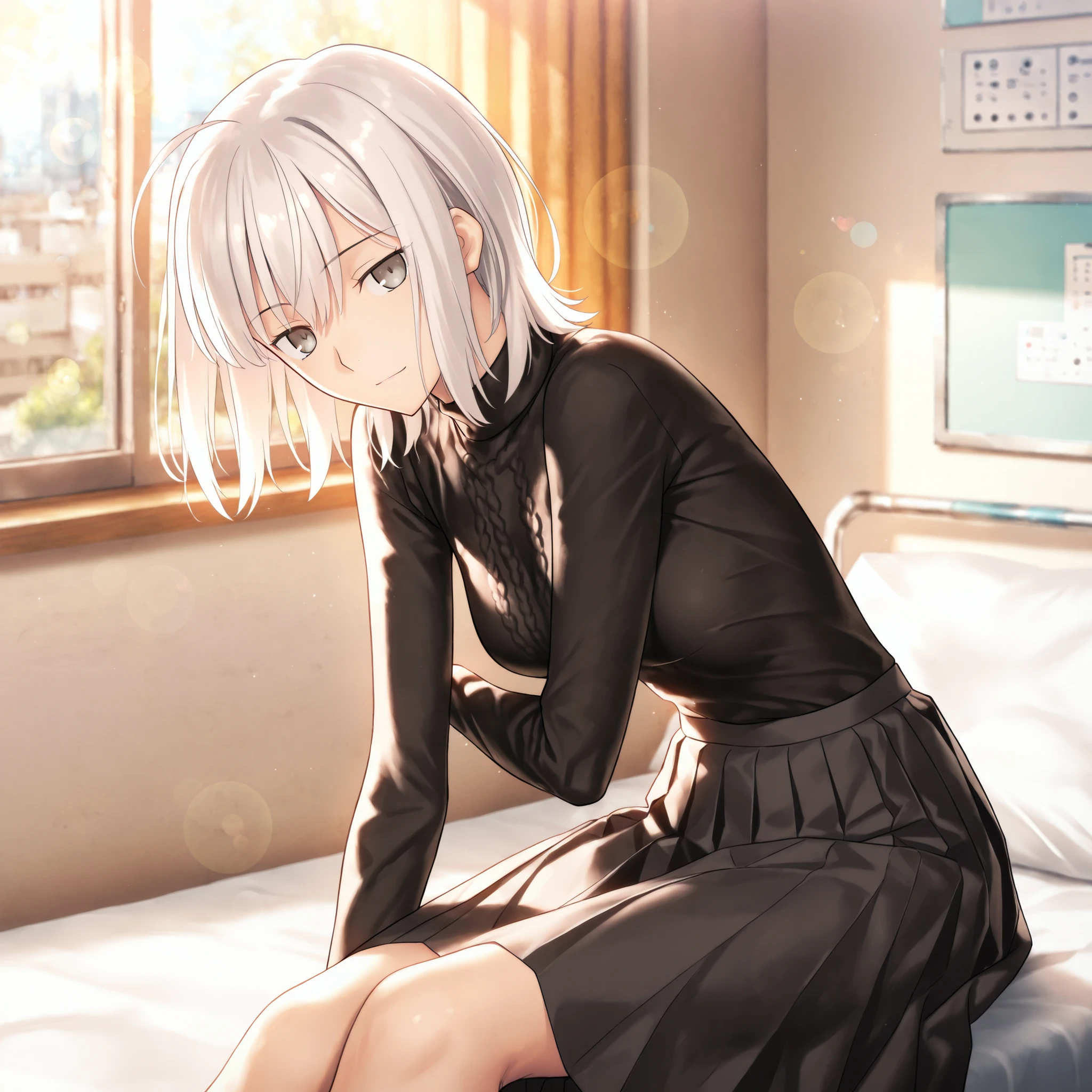 masterpiece, , absurdres, highres, detailed background, high resolution, masterpiece, necessary, detail, best quality, quality, necessary, details, High details, Precise, 8k, indoors,(hospital),day lens flare, blurry background, from side,
1girl, , koyama hirokazu (type-moon) style, ,Takeuchi Takashi style, (aged up),( ), ,((very long thighs)), sitting, leaning forward,
very tall girl, (slender body, slim arms, slim body), solo, arm under breasts, head tilt, ,
((wolf cut hair)), white hair, medium hair, gray eyes, half-closed eyes, jitome ,bangs, hair between eyes, ahoge, ,(black turtleneck knit, long sleeve , black pleated skirt, long skirt, ), ,(small breasts),(looking at viewer), expressionless, light smile, , ,