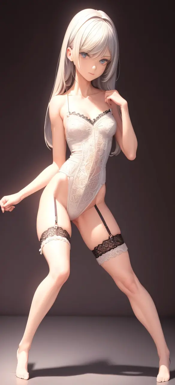 (lace, lace-trim, white elbow gloves, white bow bra, white thighhighs, bare shoulders, thighs, underwear only, bow panties, white choker, g-string, thong:1.4), cleavage, (orange eyes, long white hair, swept bangs, messy hair:1.4), (pink lips, hair flower, pink flower, makeup:1.2), 1girl, thigh gap, ((outdoors, hills, grass, leaves, blue sky, sun, flowers)), (arms by side:1.2), (front view)) (((garter straps, garter belt:1.2)))