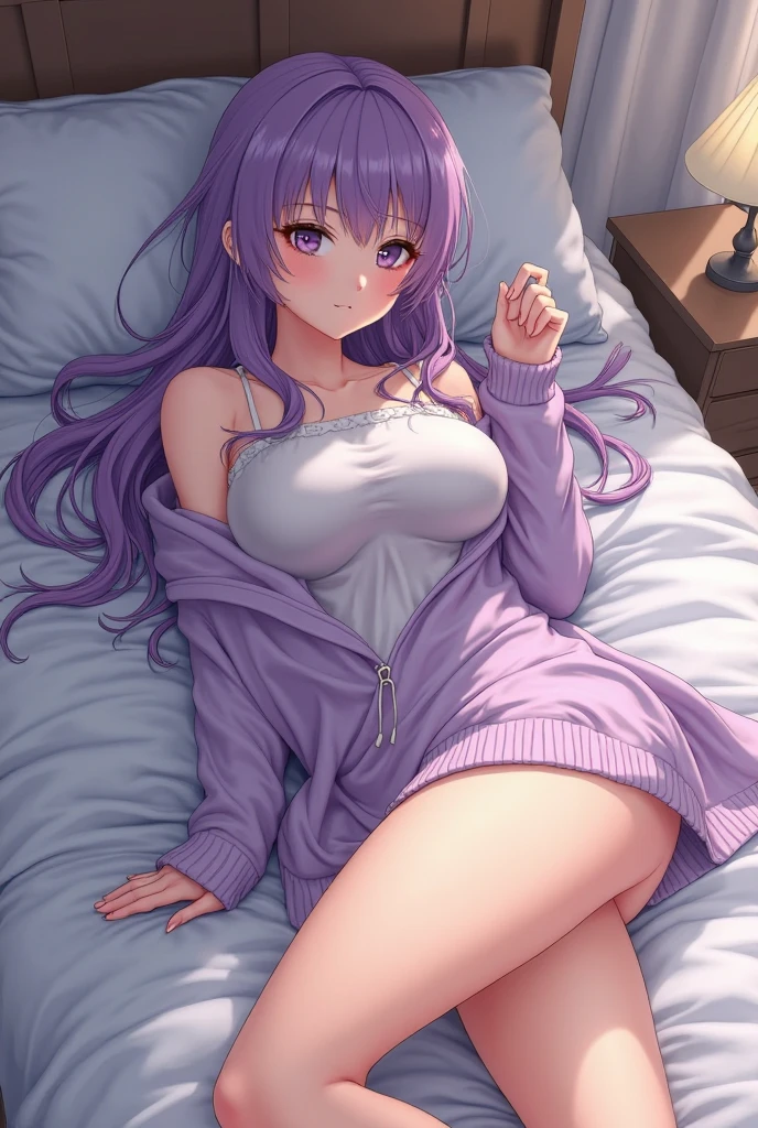 1girl (masterpiece, round_iris, extremely crisp crystalline shiny purple eyes, perfect_anatomy, extremely_captivating_hypnotic_mystic_eyes, ) perfect face, long pink hair, smiling evil, big breasts, sleepwear, laying on bed, reading a book, pink walls, best quality, 4k