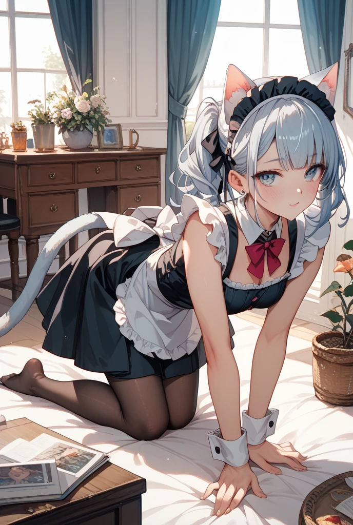 silver white colors hair, pony tails, hair pin, shairband, hair pin, maid headdress, goggles, Moles under the eyes, heart - shaped pupils, headphones with cat ears, boring,leges,jade foot,beauty leglue pupil,white colors