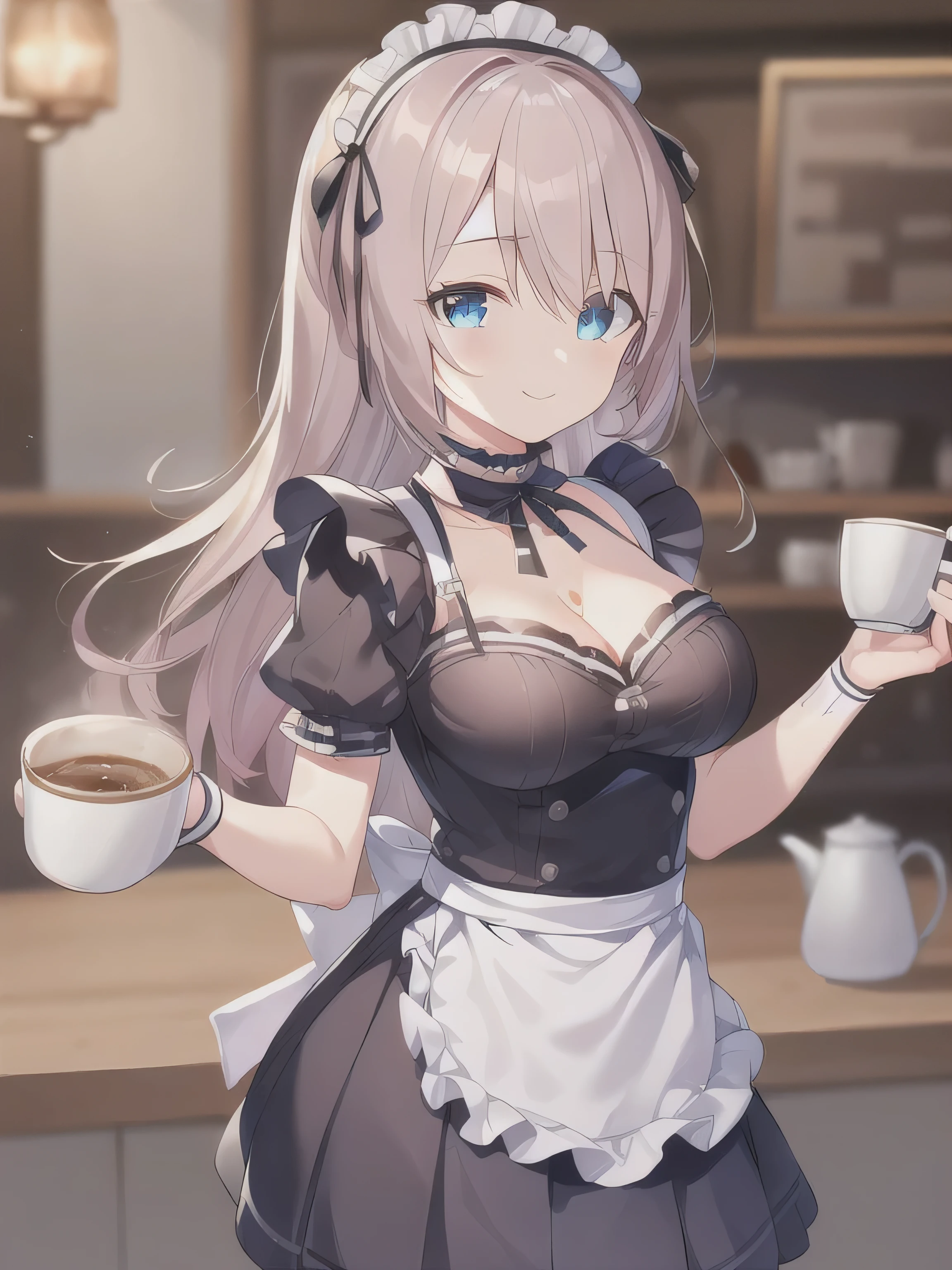 masterpiece,8K quality，Very high level of detail，One girl， solo， Big Asuna， Long white hair，Exquisite facial features，Thick tight，  （Maid clothes， White pantyhose）， Cafe Background